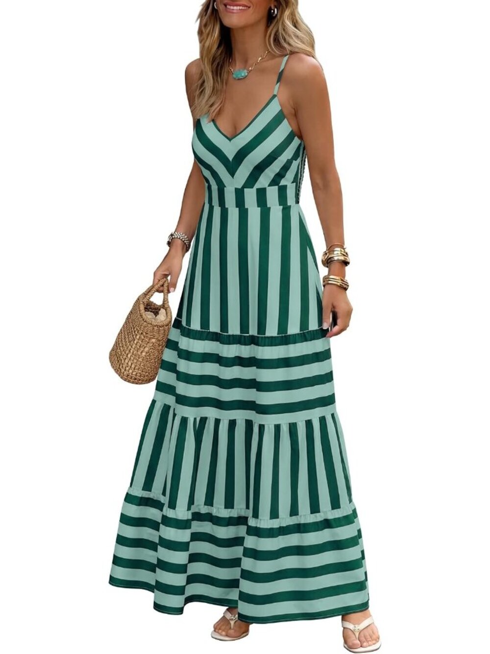 〽️Green Floral Summer Maxi Dress V Neck Spaghetti Strap Smocked Back Pockets